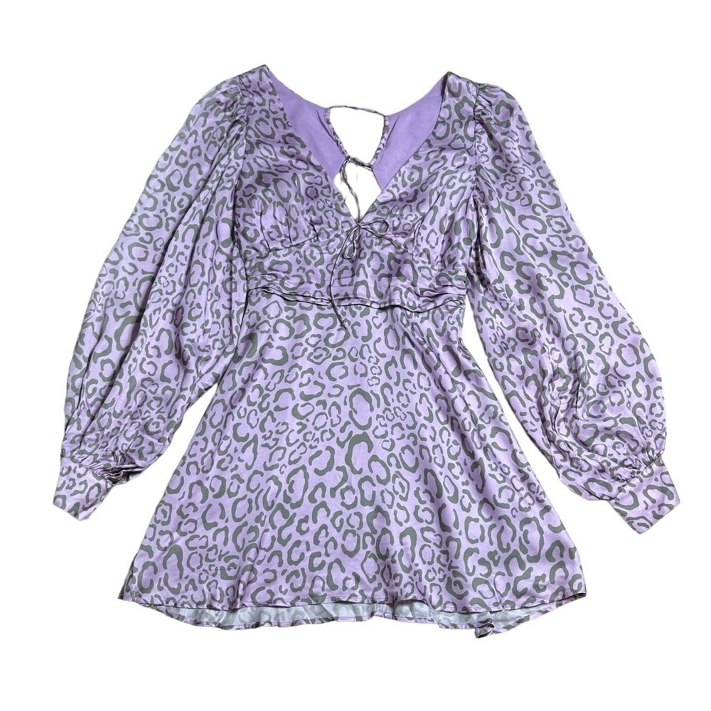 For Love & Lemons Purple Leopard Print Long Sleeve June Mini Dress Us S